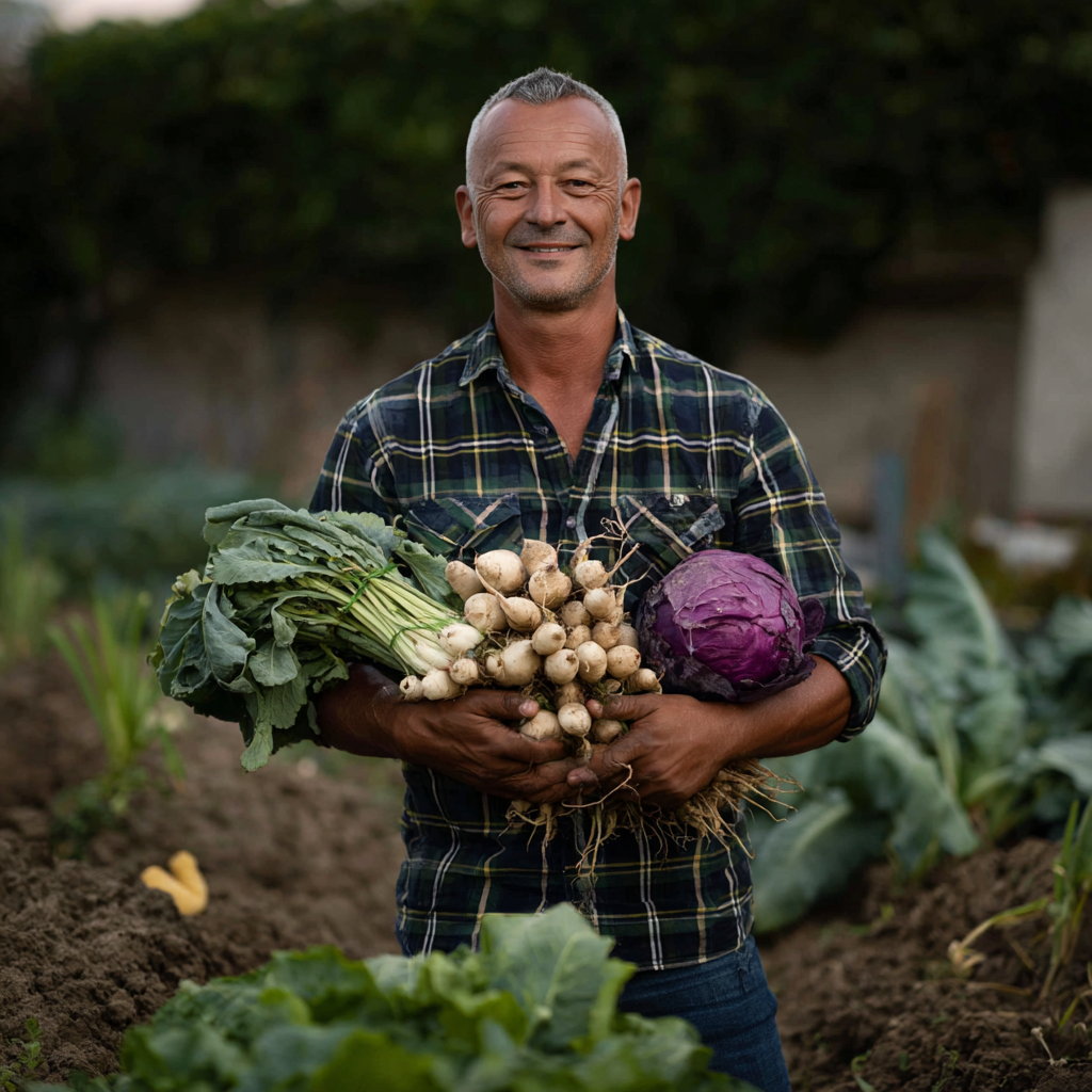 Bărbat în vârstă de 52 de ani în grădină, cules legume proaspete și zâmbind cu satisfacție, demonstrând vitalitate și conexiune cu alimentația sănătoasă