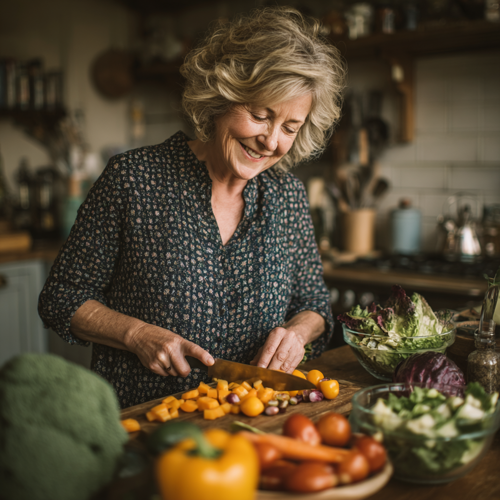 Femeie în vârstă de 55 de ani zâmbind în bucătărie în timp ce pregătește o salată colorată cu legume proaspete, arătând satisfacție și energie
